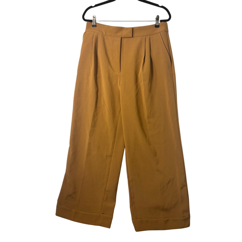 ZARA Mustard Camel Wide Leg Pleated High Waist Cuffed Trousers Pants Large